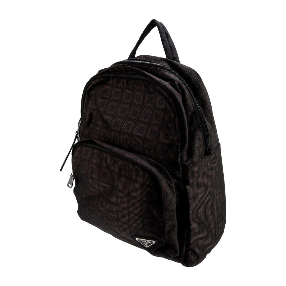 Prada Brown Black Check Print Nylon Backpack Triangle Logo Silver HW